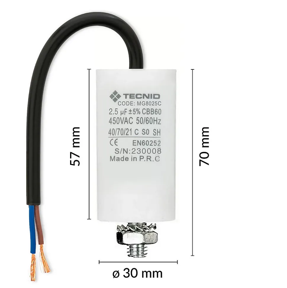 Condensateur de démarrage pour moteurs électriques, 450V, capacité : 2,5 microfarad, avec câble de 15cm