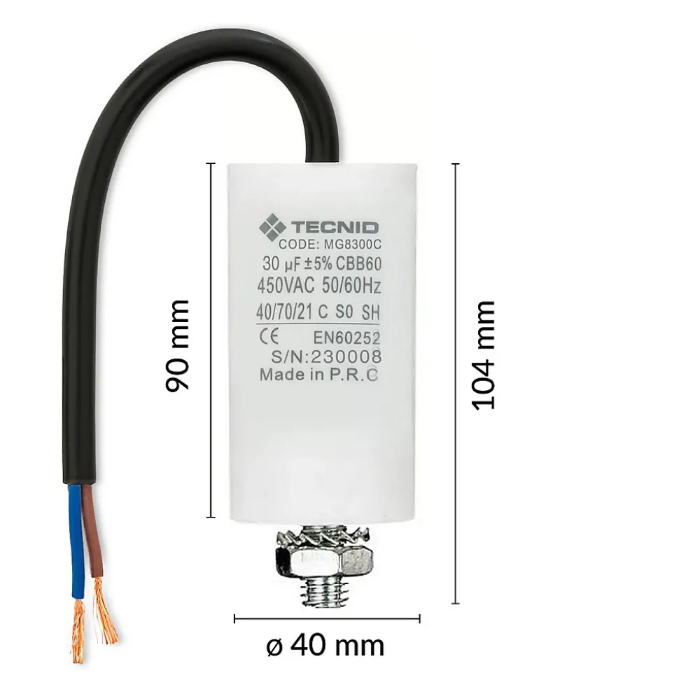 Condensateur de démarrage pour moteurs électriques, 450V, capacité : 30 microfarad, avec câble de 15cm