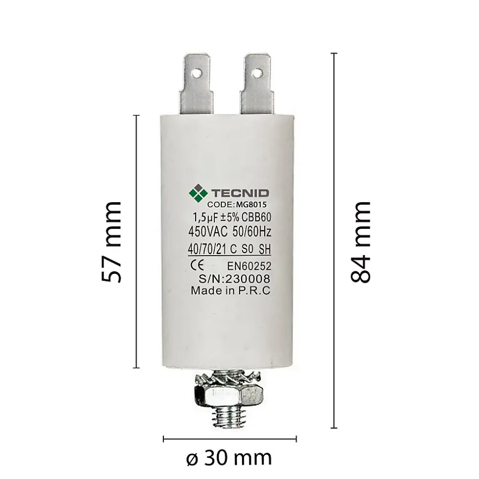 Condensateur de démarrage pour moteurs électriques, 450 V, capacité : 1,5 microfarad, 4 broches/M8