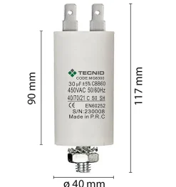 Condensateur de démarrage pour moteurs électriques, 450V, capacité : 30 microfarad, 4 broches / M8
