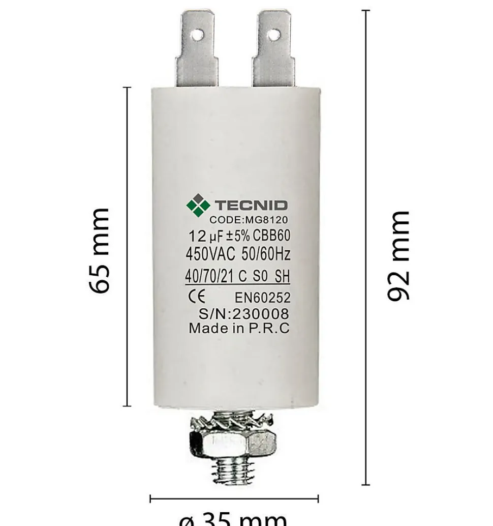 Condensateur de démarrage pour moteurs électriques, 450V, capacité : 12 microfarad, 4 broches / M8