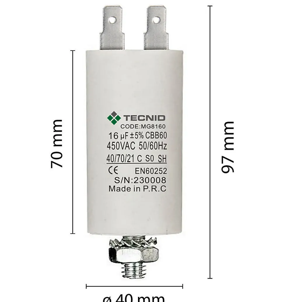 Condensateur de démarrage pour moteurs électriques, 450V, capacité : 16 microfarad, 4 broches / M8