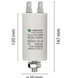 Condensateur de démarrage pour moteurs électriques, 450V, capacité : 50 microfarad, 4 broches / M8