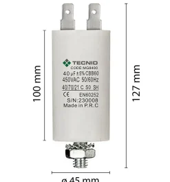 Condensateur de démarrage pour moteurs électriques, 450V, capacité : 40 microfarad, 4 broches / M8