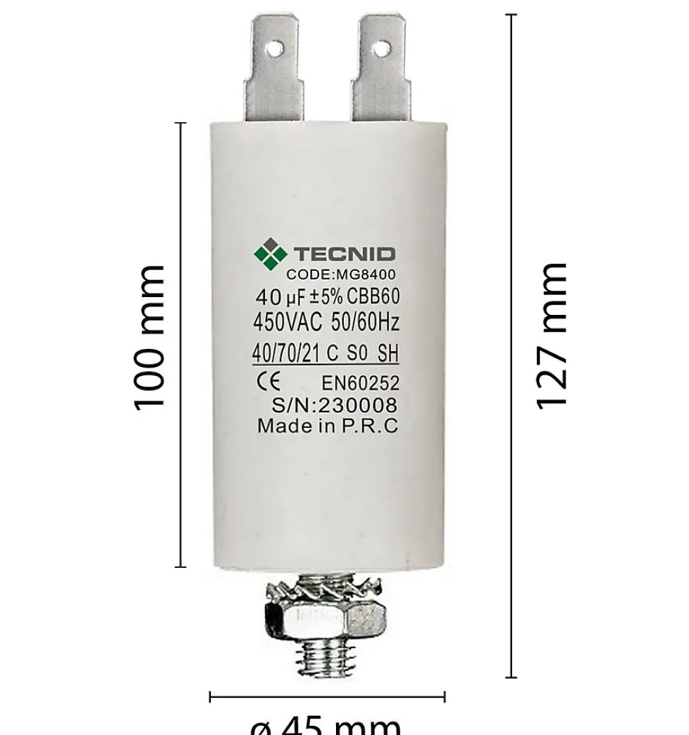 Condensateur de démarrage pour moteurs électriques, 450V, capacité : 40 microfarad, 4 broches / M8
