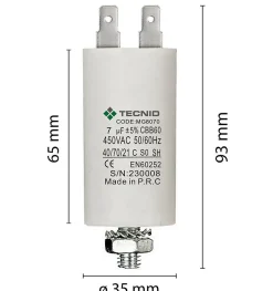 Condensateur de démarrage pour moteurs électriques, 450V, capacité : 7 microfarad, 4 broches / M8
