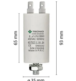 Condensateur de démarrage pour moteurs électriques, 450V, capacité : 10 microfarad, 4 broches / M8