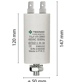 Condensateur de démarrage pour moteurs électriques, 450V, capacité : 70 microfarad, 4 broches / M8