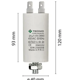Condensateur de démarrage pour moteurs électriques, 450V, capacité : 25 microfarad, 4 broches / M8
