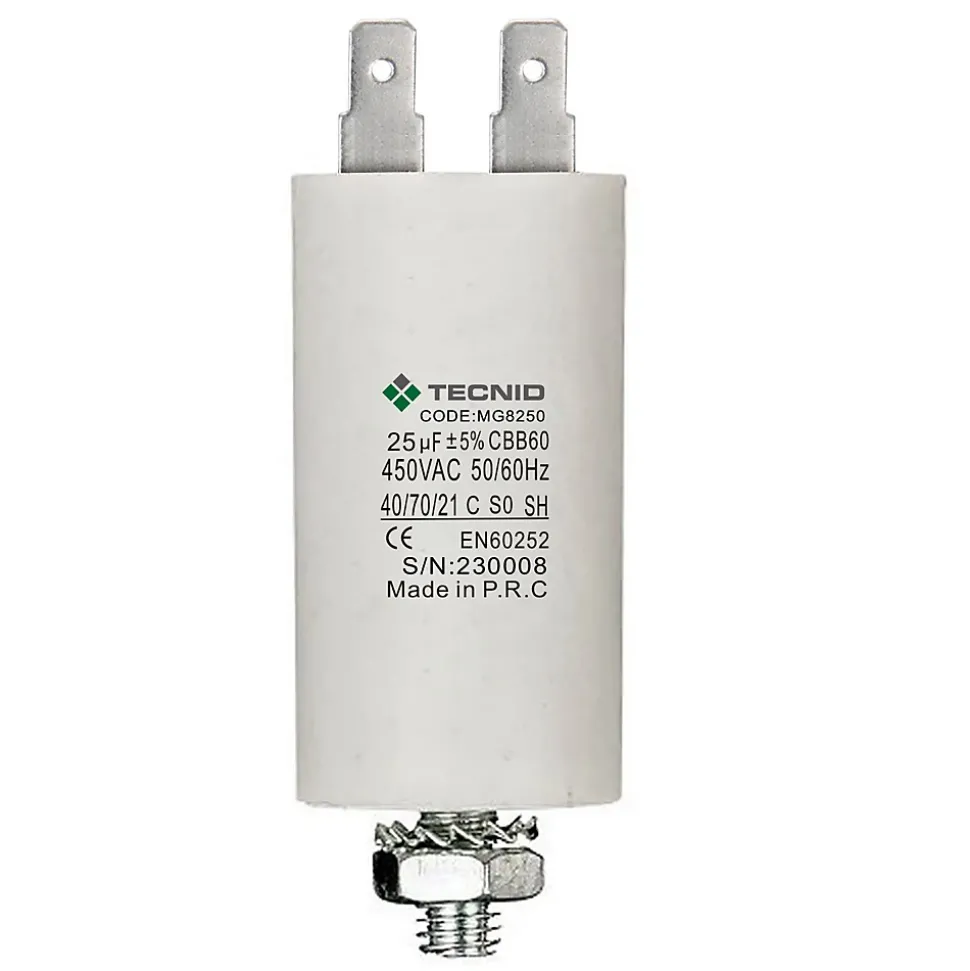 Condensateur de démarrage pour moteurs électriques, 450V, capacité : 25 microfarad, 4 broches / M8