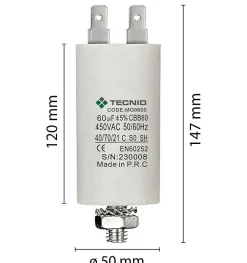Condensateur de démarrage pour moteurs électriques, 450V, capacité : 80 microfarad, 4 broches / M8