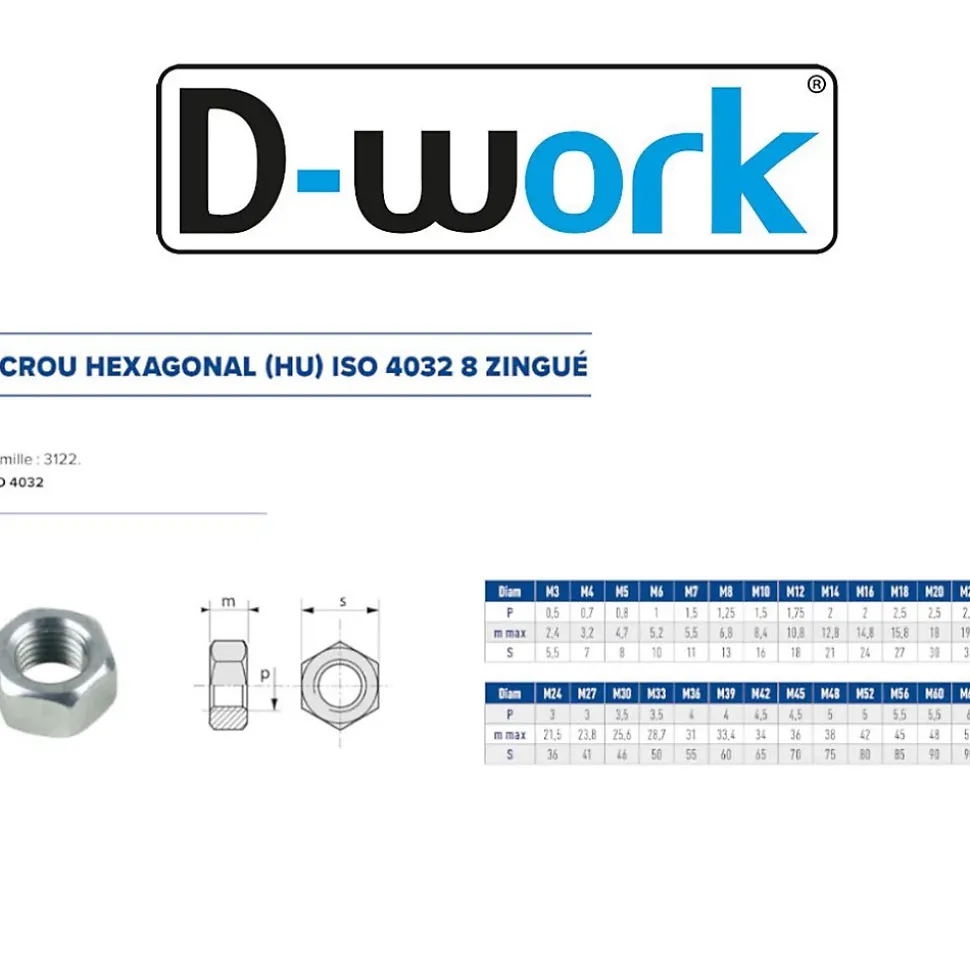 4 Coques de 50 Ecrous Hexagonaux HU M8 mm - 4032 - 8 - Zingué blanc - D-Work