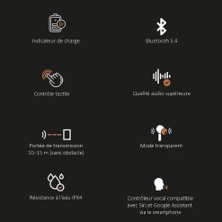 Écouteurs Bluetooth réduction bruit ANC -45dB, ENC -40dB et boitier de charge