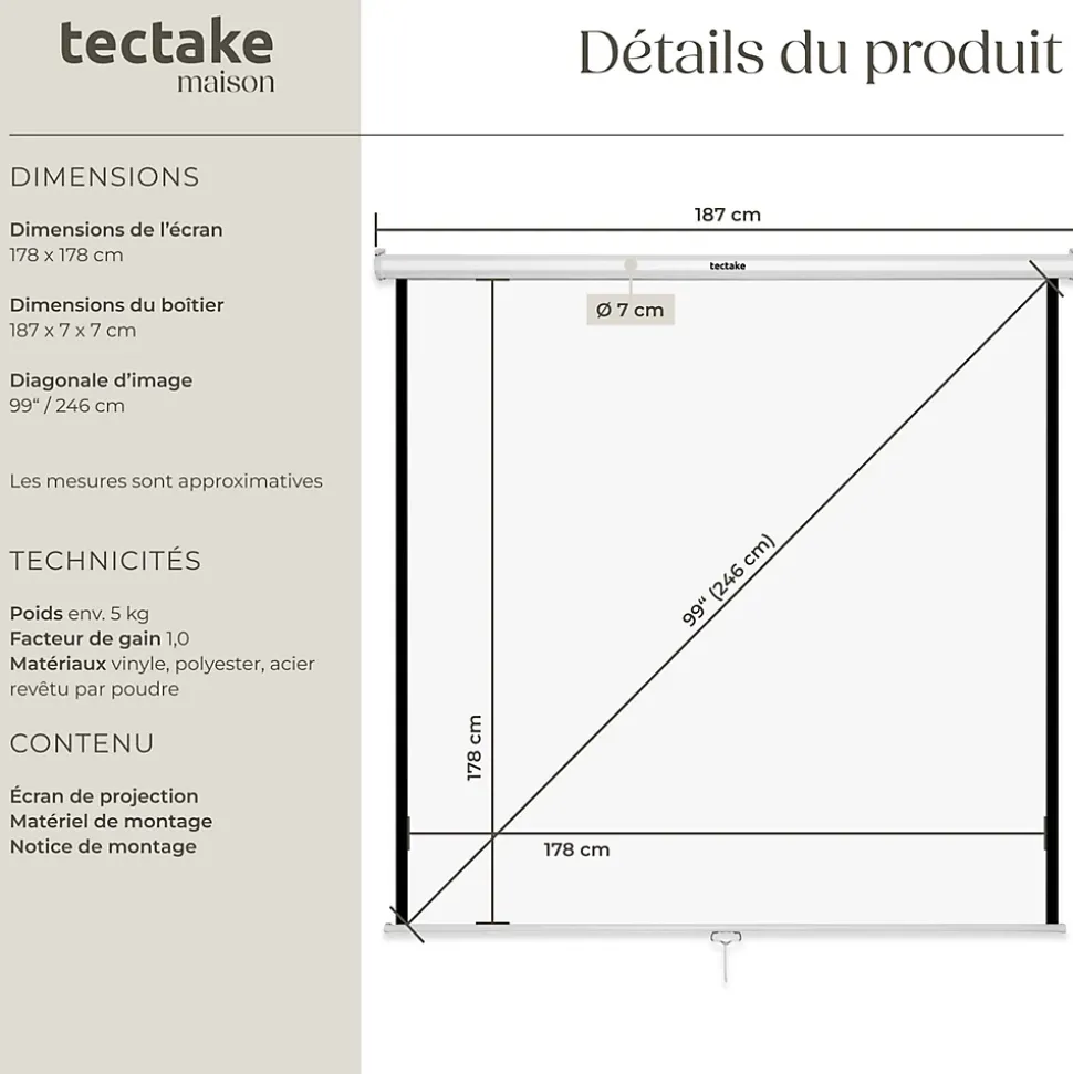 Écran de projection extensible mural en polyester blanc