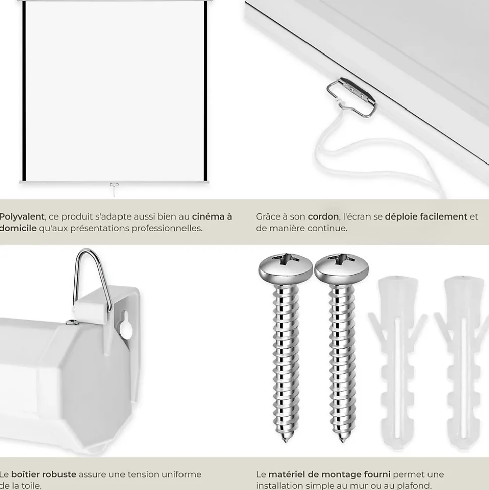 Écran de projection extensible mural en polyester blanc