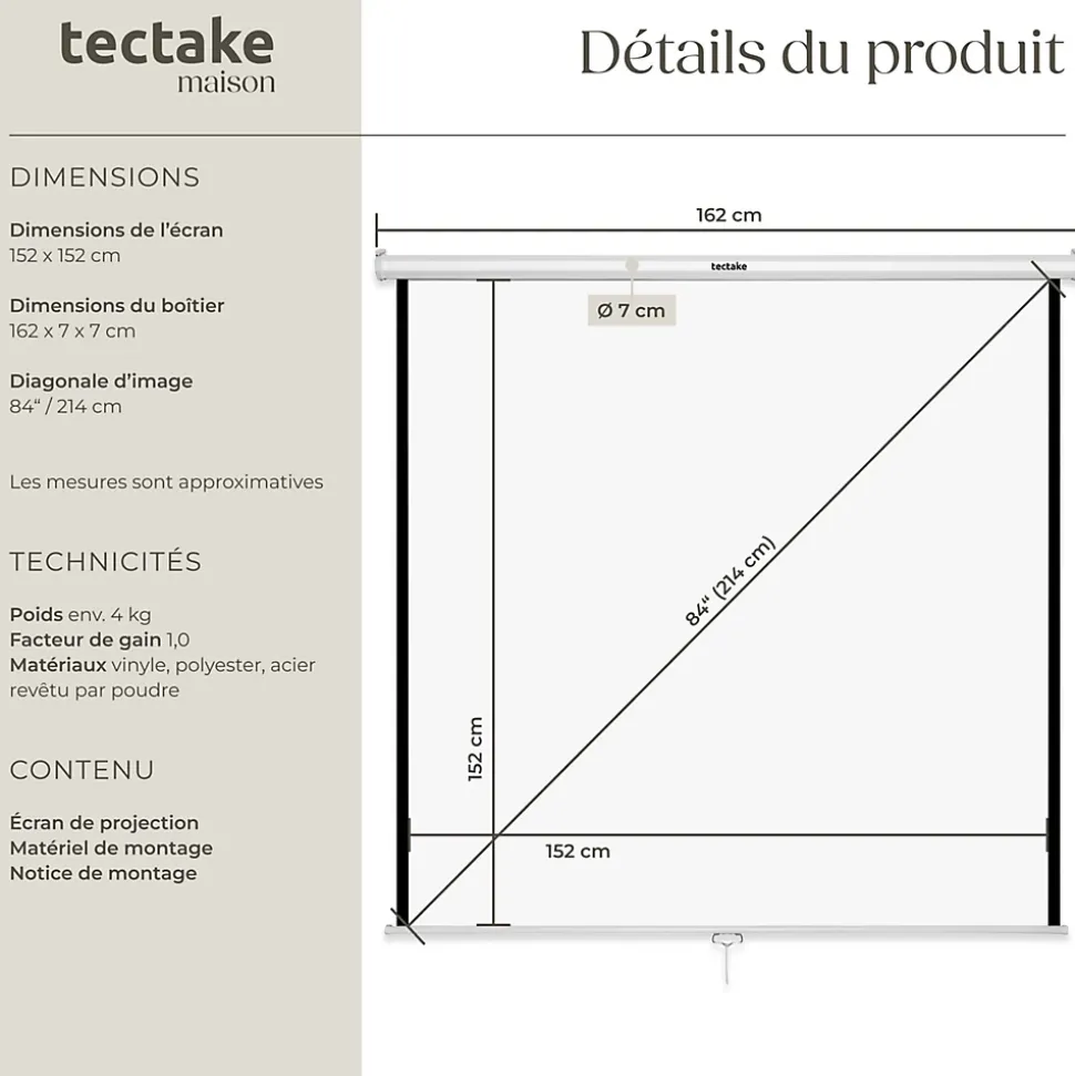 Écran de projection extensible mural en polyester blanc
