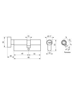 Cylindre de serrure à bouton 5G 45B x 35mm, laiton, anti-arrachement, 5 clés - SP