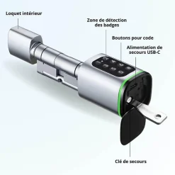 Cylindre électronique de serrure connecté locky-10 code à code et badge rfid mifare