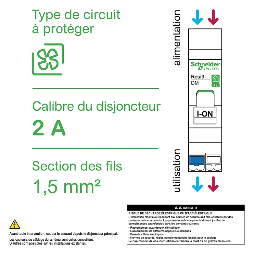 Disjoncteur embrochable courbe C phase + neutre 2A Schneider Electric Resi9 XE