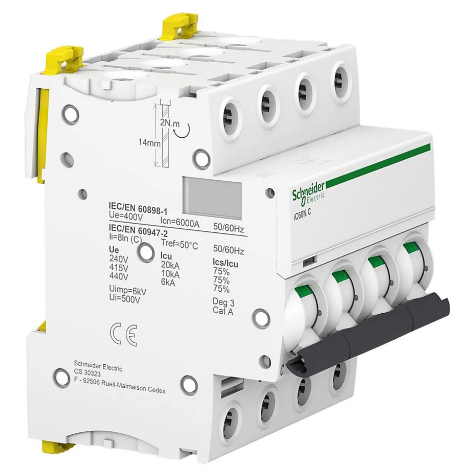 Disjoncteur modulaire tétrapolaire Schneider Acti9 iC60N 20A courbe C