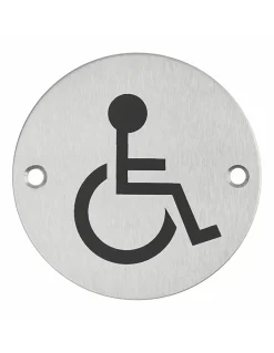 Disque de signalisation WC Handicapé , à visser, inox brossé, marquage noir, diamètre 76mm - THIRARD