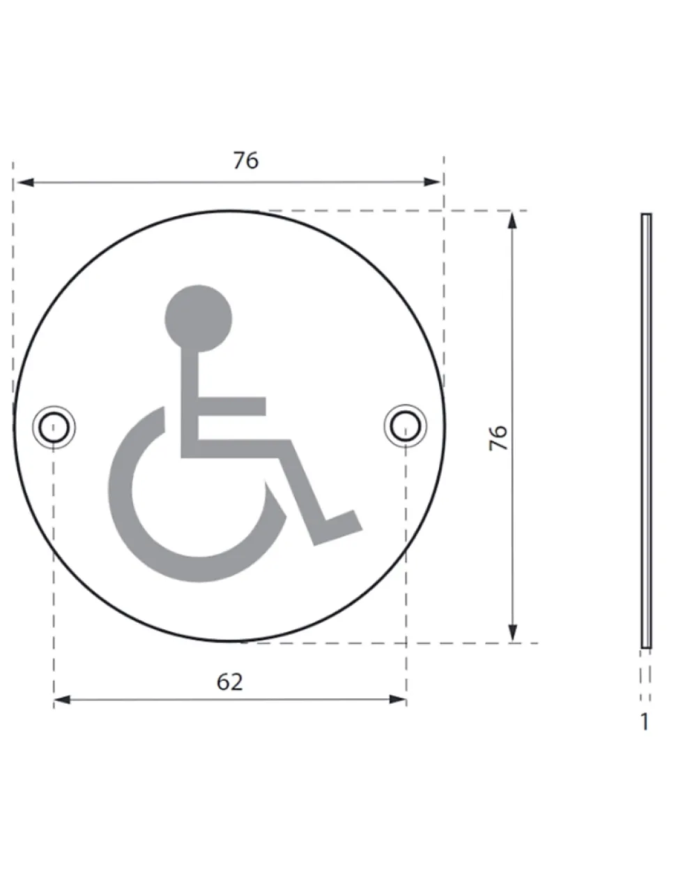 Disque de signalisation WC Handicapé , à visser, inox brossé, marquage noir, diamètre 76mm - THIRARD