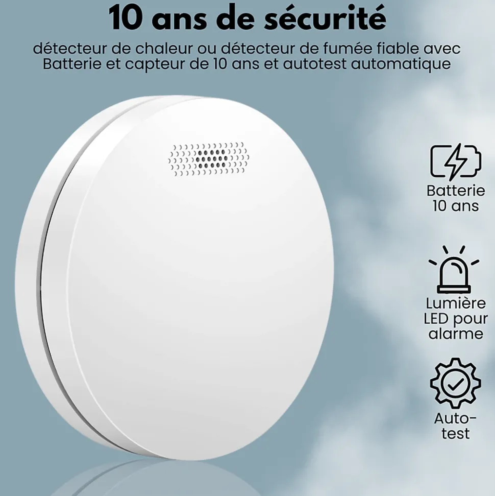 Détecteur de fumée/chaleur connectable Aroha Link - Batterie 10 ans - Capteur de fumée interconnecté - Alarme incendie