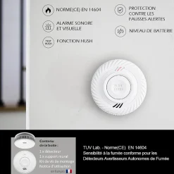 Détecteur de fumée connecté WIFI - CE EN14604 - Pile 10 ans scellée et Kit de fixation magnétique