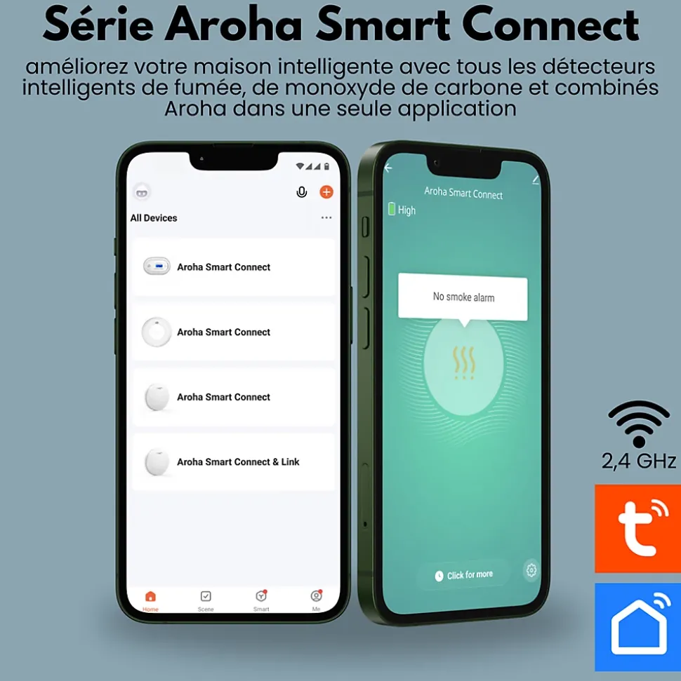 Détecteur de fumée WiFi Aroha Smart Connect - Batterie 10 ans - Alarme incendie connecte avec Tuya et Smartlife - 5 pièces