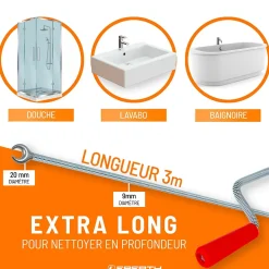 EBERTH Spirale de nettoyage de tuyaux 3m de long et 9mm de diamètre pour tuyaux à partir de 40mm tête en forme de griffe de 20mm