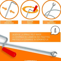 EBERTH Spirale de nettoyage de tuyaux 8m de long et 9mm de diamètre pour tuyaux à partir de 40mm tête en forme de griffe de 20mm
