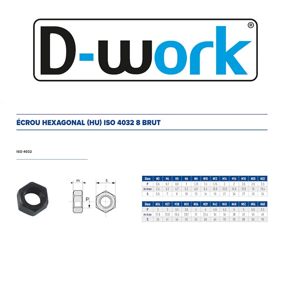 5 Ecrous Hexagonaux HU M52 mm - 4032 - 8 - Brut - D-Work