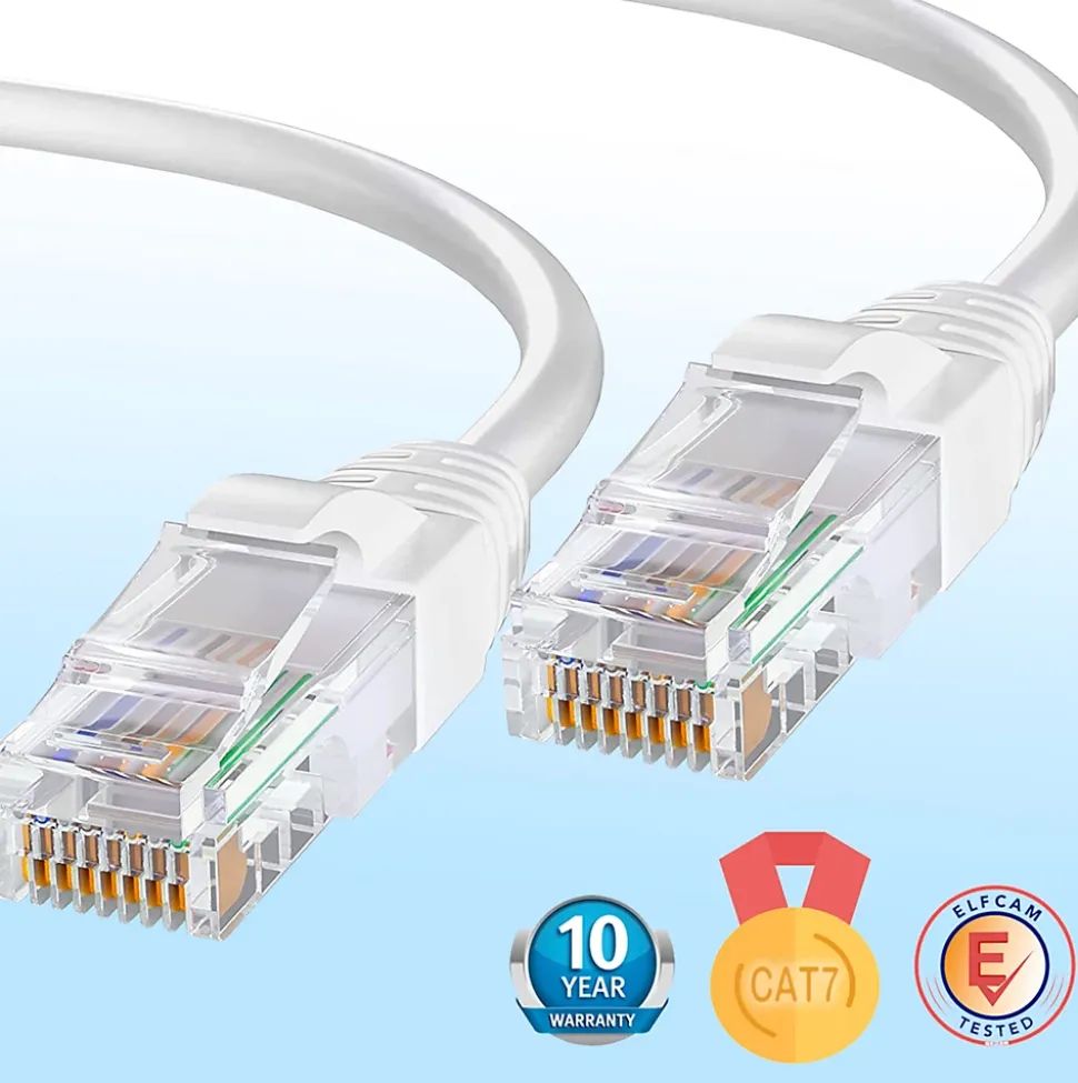 Elfcam - Câble Ethernet RJ45 Cat 7 SFTP 15m (Rond Blanc), 10Gbps, 600MHz, Cuivre, Anti-Interférences