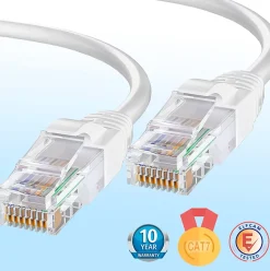 Elfcam - Câble Ethernet RJ45 Cat 7 SFTP 10m (Rond Blanc), 10Gbps, 600MHz, Cuivre, Anti-Interférences