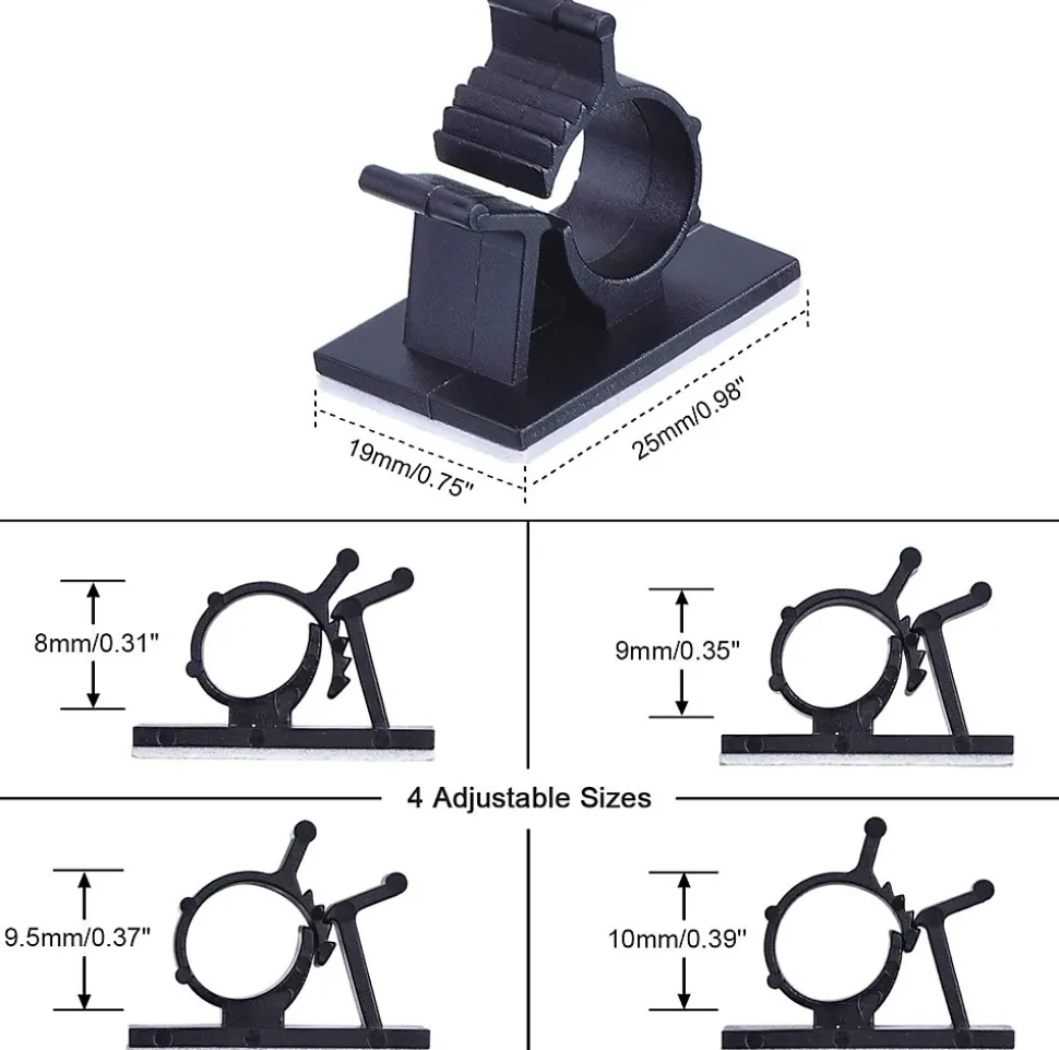 Elfcam - Clips Câble Adhésif Réglable pour Fibre Optique, Noir, Maison/Bureau, Attache Fil (Lot de 60)