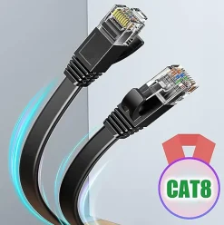 Elfcam - 3m Câble Ethernet Cat 8 Plat Noir LAN/WAN, SFTP 28AWG, 2000MHz 40Gbps avec Connecteurs RJ45 Haute Qualité