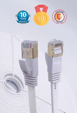 Elfcam - 20m Câble Ethernet RJ45 Cat7 Flat Blanc, 10Gbps 600MHz, Cuivre, SFTP, Anti-Bruit, PC, Modem, Routeur