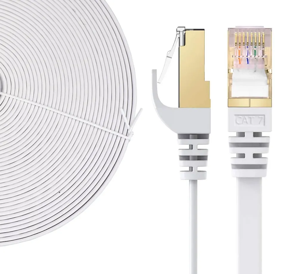 Elfcam - 20m Câble Ethernet RJ45 Cat7 Flat Blanc, 10Gbps 600MHz, Cuivre, SFTP, Anti-Bruit, PC, Modem, Routeur