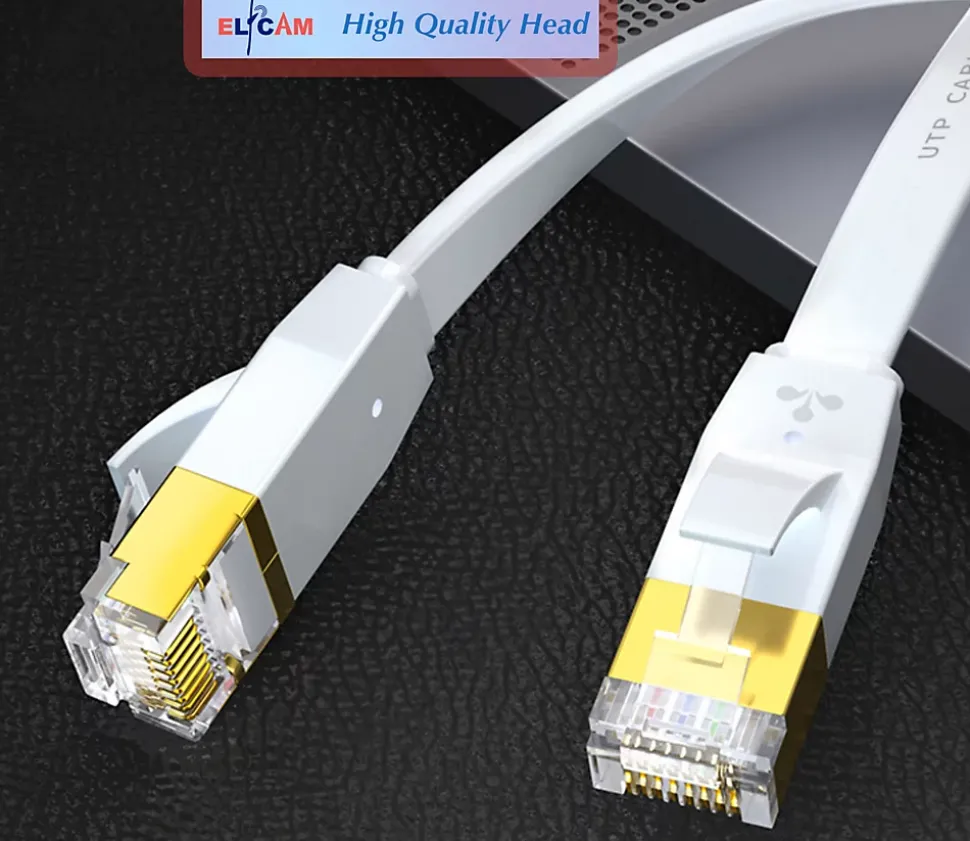 Elfcam - 12m Câble Ethernet RJ45 Cat7 Flat Blanc, 10Gbps 600MHz, Cuivre, SFTP, Anti-Bruit, PC, Modem, Routeur