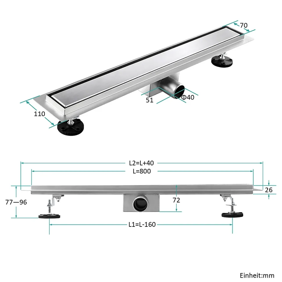 EMKE Siphon de douche linéaire, 80x7 cm, inox brossé SUS304, double installation
