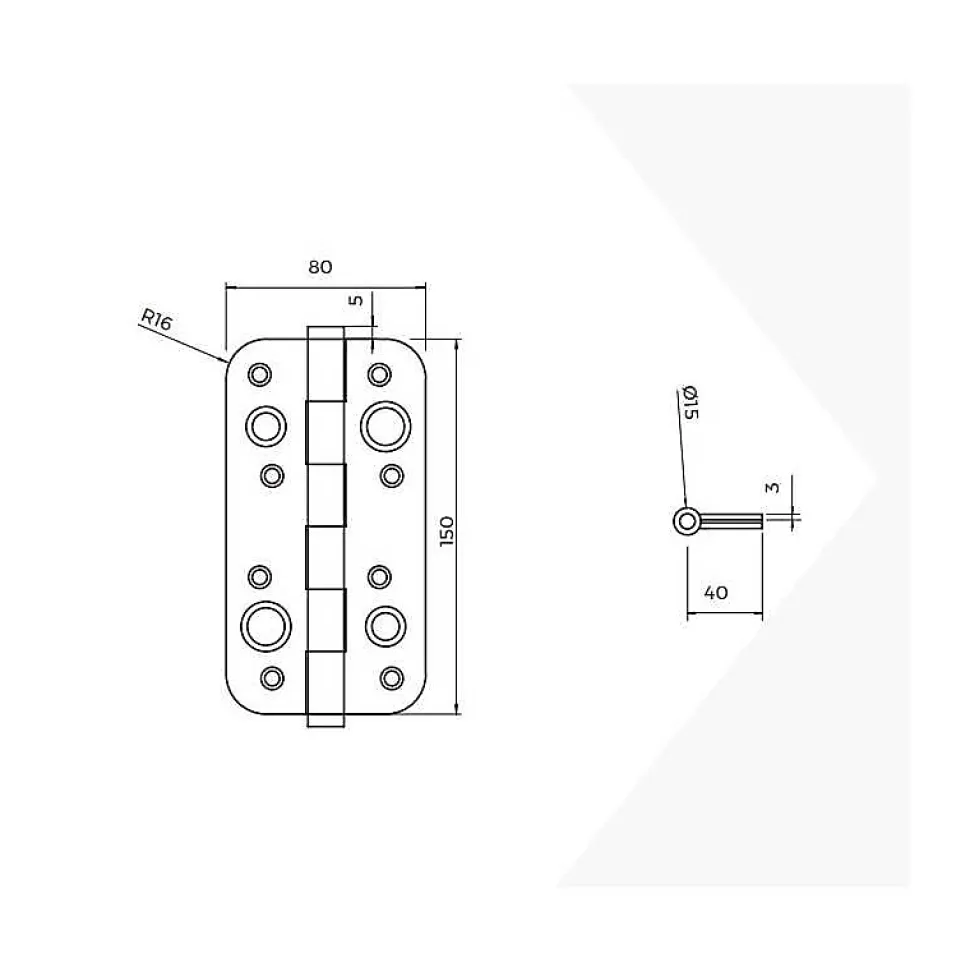 Emuca Lot de 5 charnières de porte de sécurité, 150x80mm, charnières anti-dégondage à bords arrondis, sans garniture, Acier, Noir