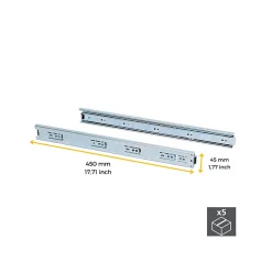 Emuca Lot de 5 coulisses pour tiroirs, roulement à billes, hauteur 45mm, profondeur 450mm, sortie totale, zingué