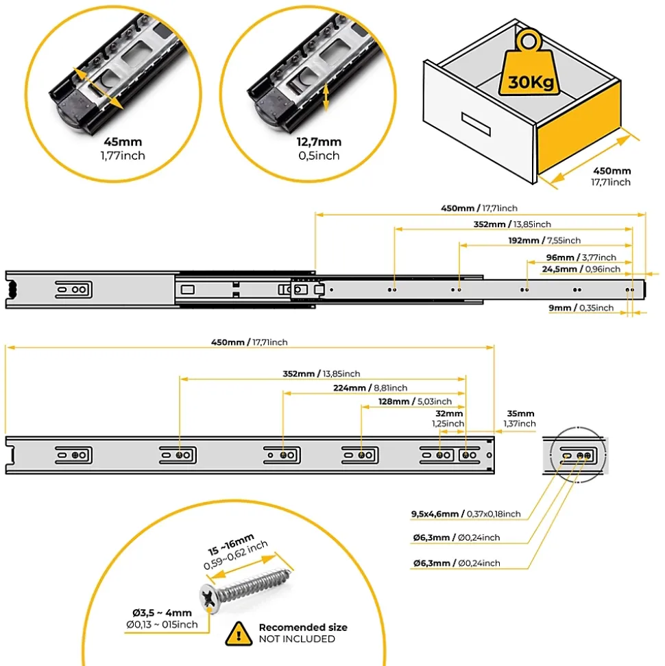 Emuca Lot de 5 jeux de Coulisses pour tiroirs, roulement à billes, hauteur 45mm, profondeur 450mm, sortie totale, Noir