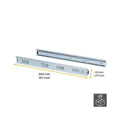 Emuca Lot de 5 jeux de glissières de tiroirs, roulement à billes, hauteur 45mm, profondeur 500mm, sortie totale, zingué