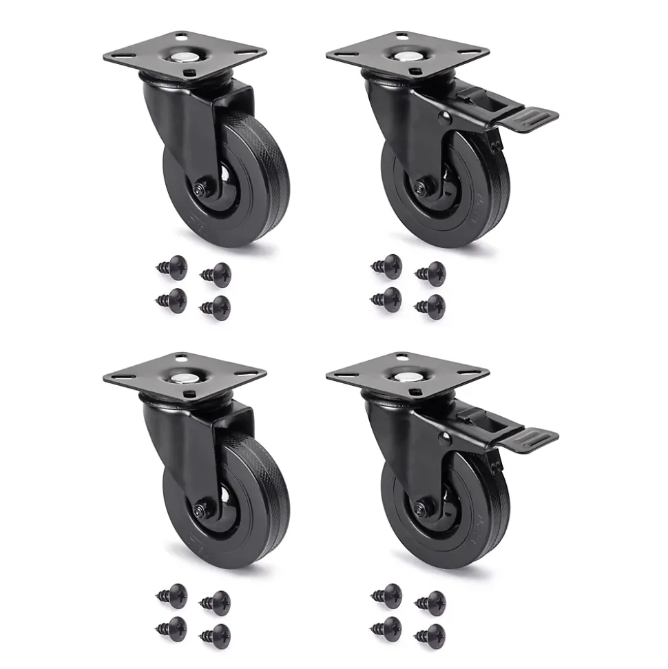 Emuca Lot de 4 roulettes Black avec plétine de montage, diamètre 75mm, Plastique et Acier, Noir