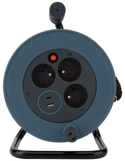 Enrouleur 12m 3 prises + 2USB - gris - Zenitech
