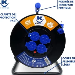 Enrouleur Pro 40M 3G2.5 IP44 avec 4 Prises à Clapet pour Usage Intensif en Intérieur & Extérieur