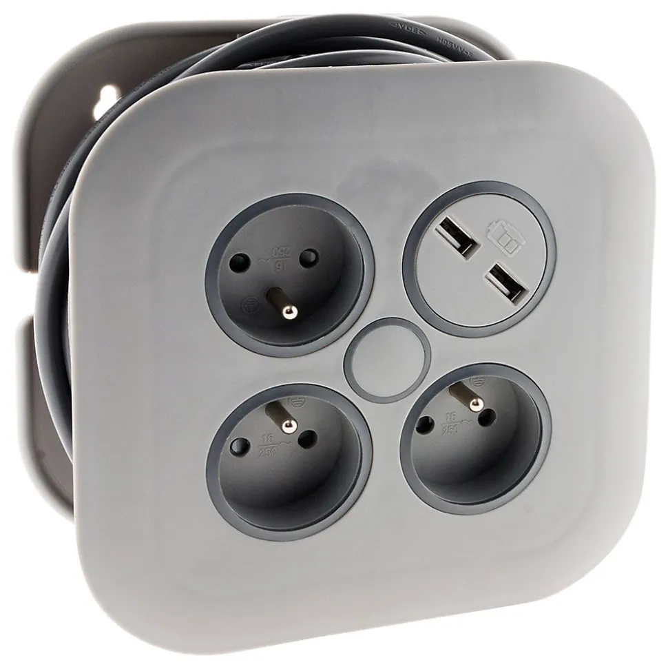 Enrouleur 3 x 2P+T + 2x USB - 7m - gris - Zenitech
