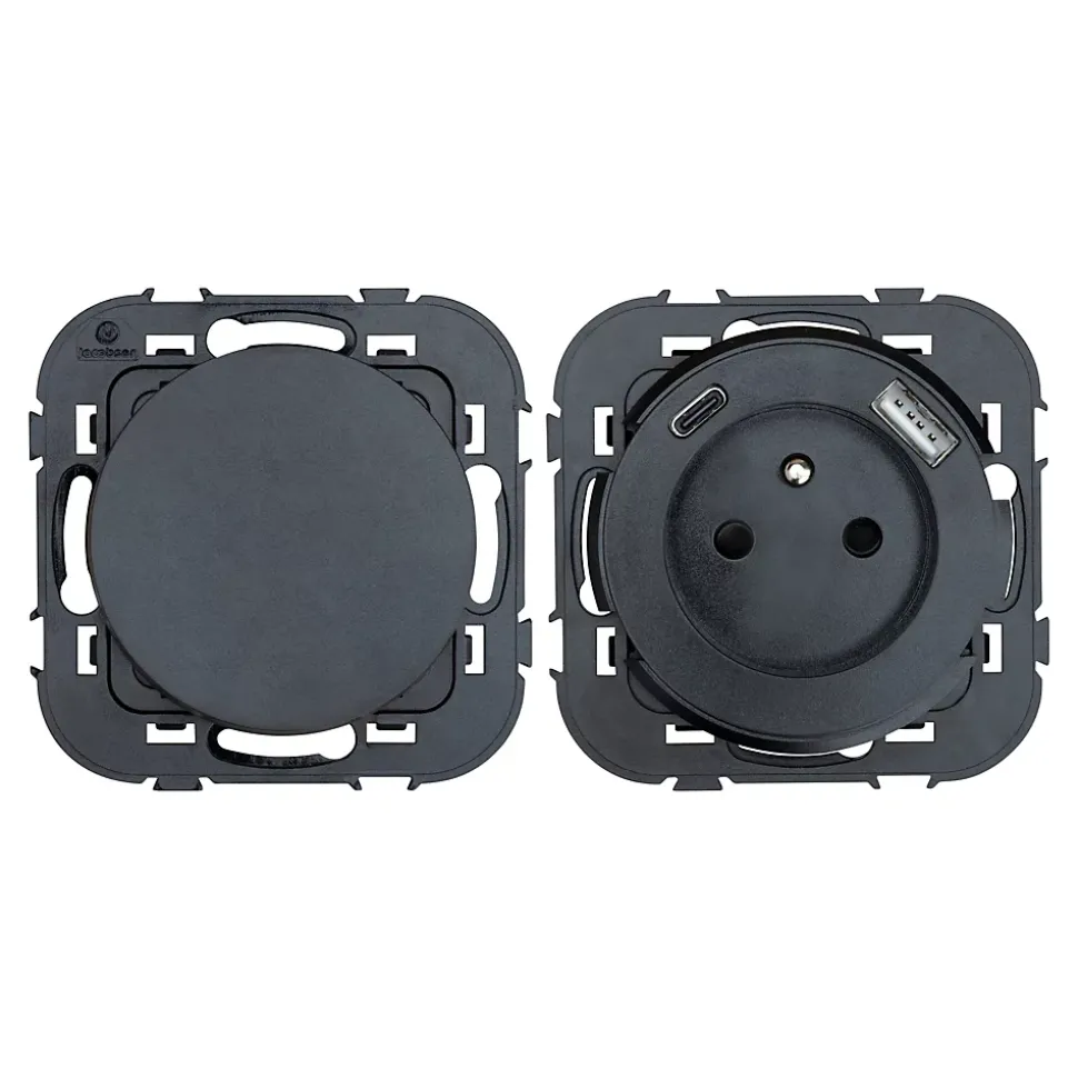 Ensemble double interrupteur + 1 prise avec terre affleurante + 1 prise USB-A+C Jacobsen Espen noir composable