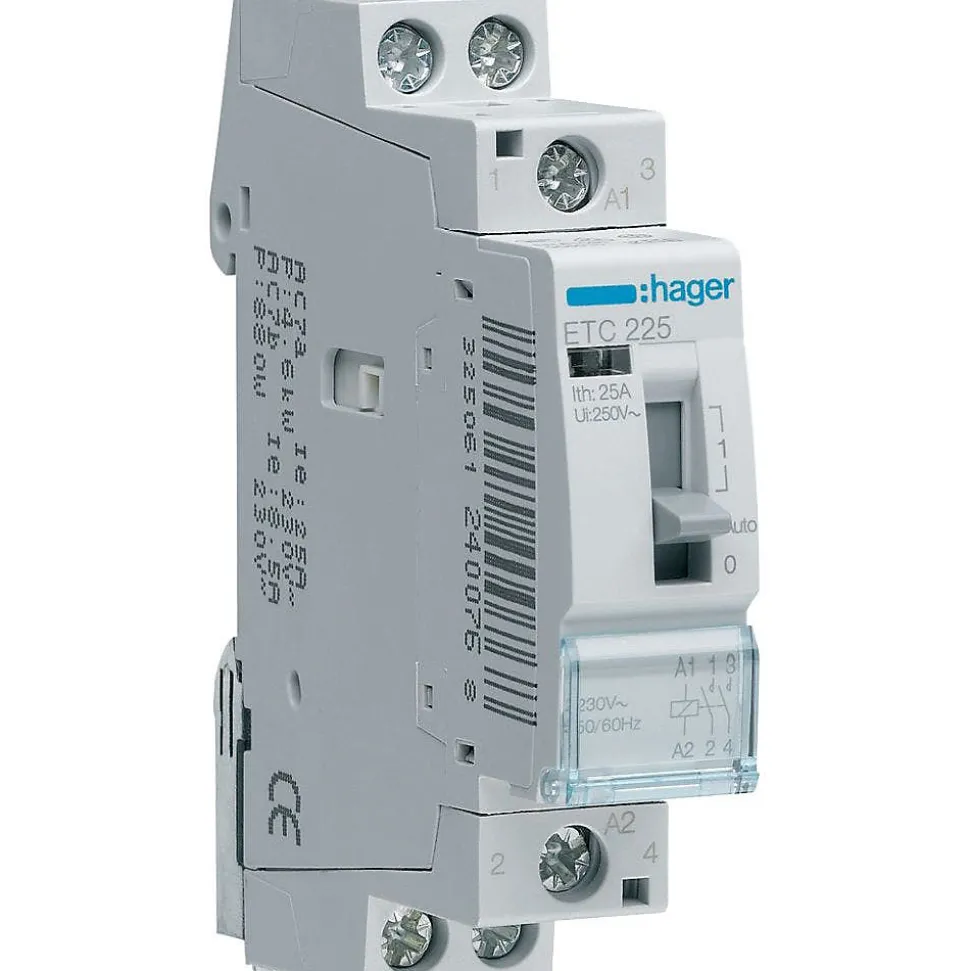 Etc425 Hager Contacteur Jour Nuit Triphasé Pour Heures Creuses 4no - 25a - Bobine 230 Vac - Bornes à Vis - 2 Modules
